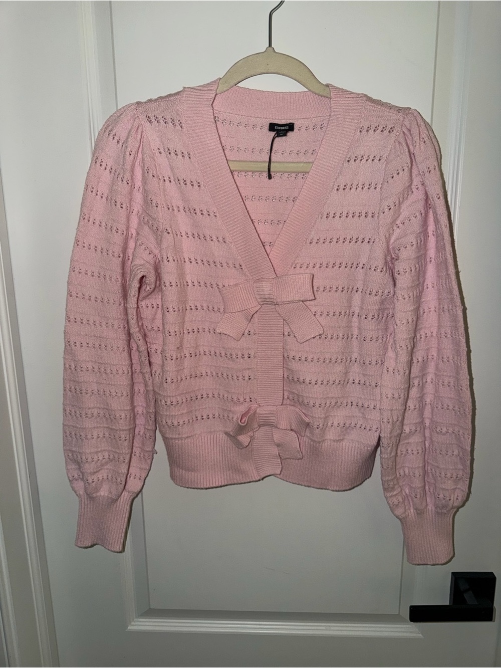 Express Pink Bow Front Pointelle Knit Cardigan Sweater M Coquette Balletcore